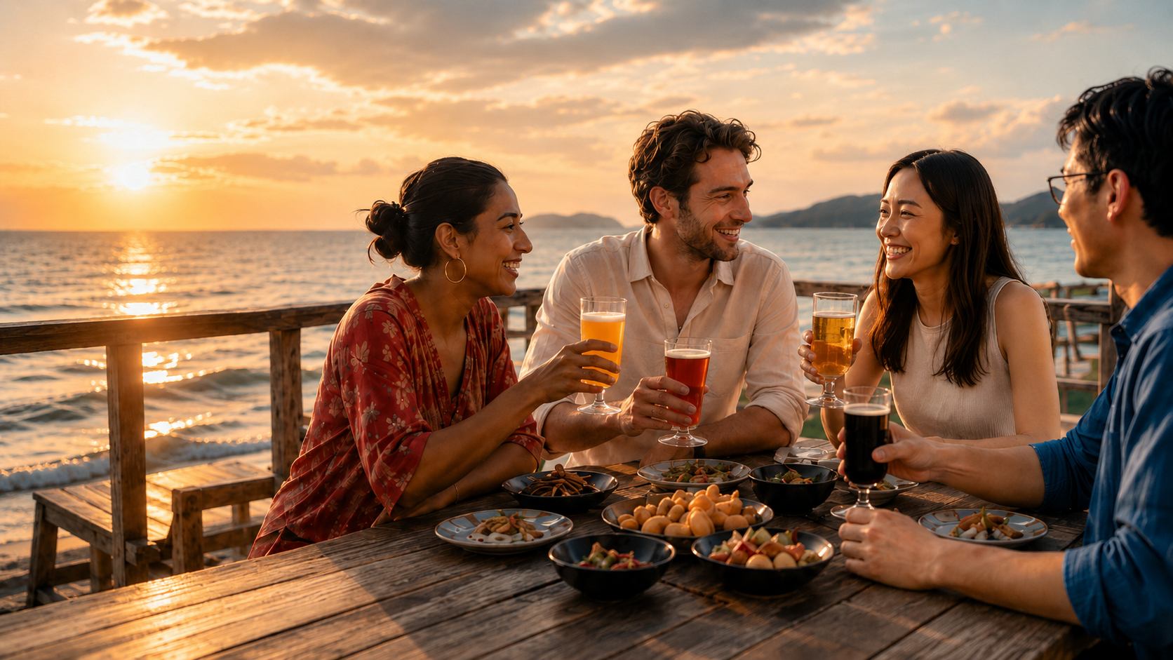 Friends sharing Japanese craft beer at sunset